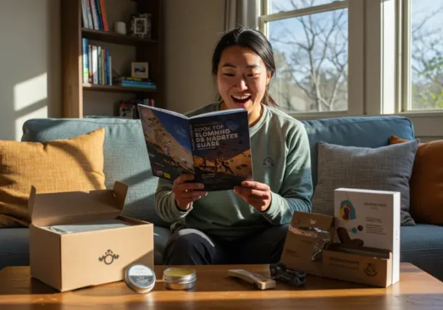 A delighted female climber holds an exotic climbing guidebook, surrounded by other unique gifts like skin salve and a portable hangboard, for a guide on unique gifts for climbers.