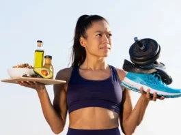Person contemplating mixing keto diet foods and working out equipment, illustrating the guide to avoid pitfalls.