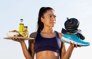Can Keto Diet and Working Out Mix? Avoid Pitfalls! Person contemplating mixing keto diet foods and working out equipment, illustrating the guide to avoid pitfalls.
