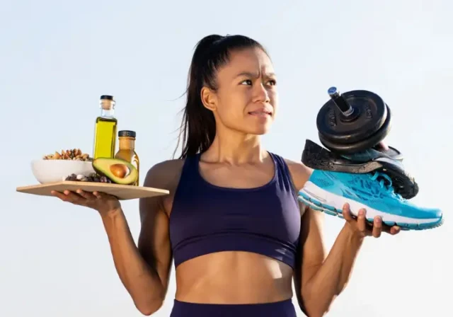 Person contemplating mixing keto diet foods and working out equipment, illustrating the guide to avoid pitfalls.