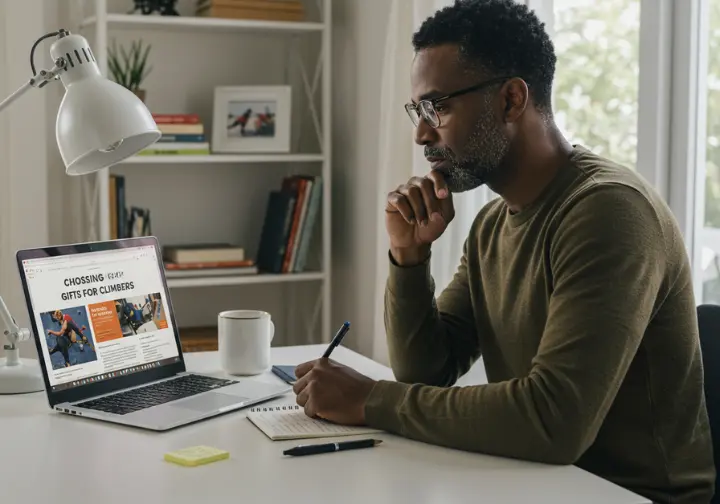A thoughtful man researches gift ideas for climbers on a laptop, using a framework for non-climbers to choose the perfect gift.
