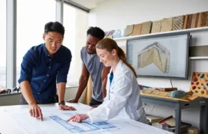 Top Rock Climbing Wall Manufacturers: Expert Reviews Choosing rock climbing wall manufacturers: expert guide showing diverse designers reviewing blueprints for a modern climbing wall.