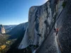 Conquer Freerider El Capitan: Route Plan Panoramic view of El Capitan with the Freerider route subtly highlighted and two tiny climbers, illustrating a comprehensive route plan.