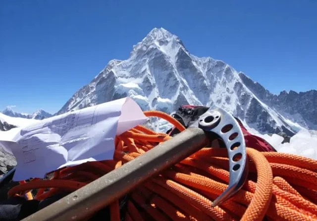 Revealing the cost to climb Everest: View of Mount Everest peak with climbing gear and a budget sheet in the foreground highlighting hidden fees.