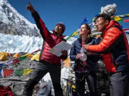 Expedition planners discussing logistics at Everest Base Camp, illustrating the definitive best time to climb Everest.