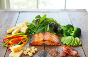 No Carb High Fat Diet: Keto or Something Else? Diverse high-fat low-carb foods like salmon, nuts, cheese, and vegetables, questioning if the diet is just Keto or something else.