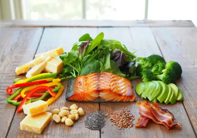 Diverse high-fat low-carb foods like salmon, nuts, cheese, and vegetables, questioning if the diet is just Keto or something else.