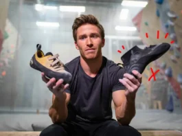 Beginner climber comparing neutral vs. aggressive bouldering shoes, illustrating avoiding mistakes when choosing top beginner shoes.