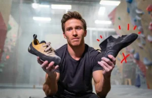 Top Bouldering Shoes for Beginners? Avoid Mistakes! Beginner climber comparing neutral vs. aggressive bouldering shoes, illustrating avoiding mistakes when choosing top beginner shoes.