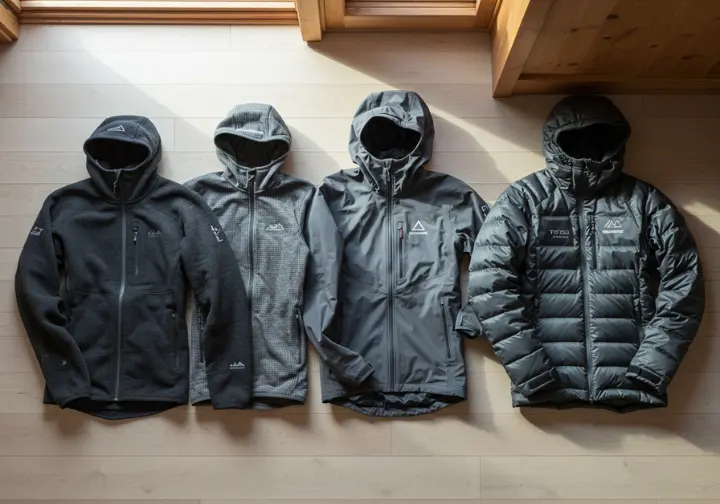 An overhead view of a complete ice climbing jacket system, including a baselayer, mid-layer, hardshell, and parka, laid out to show a climber's armor.
