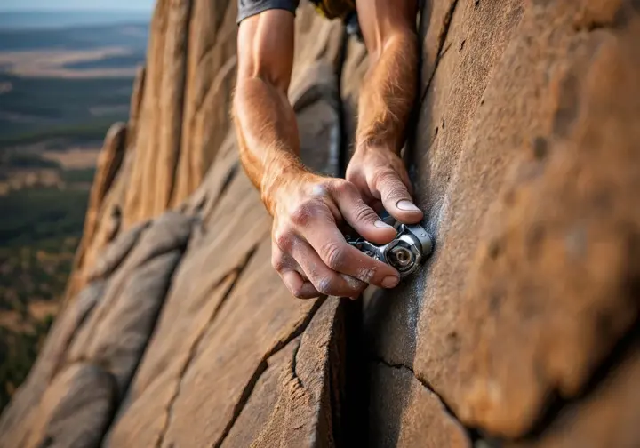 Deciphering the climb at Devils Tower, Wyoming: close-up of hands placing trad gear in a columnar crack, showing routes and geology.
