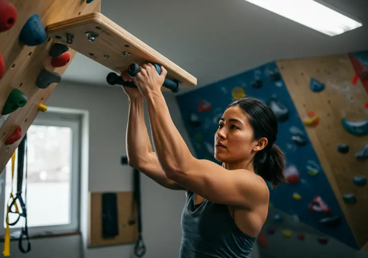 A female climber uses a specialized training tool like a hangboard or forearm strengthener, illustrating gifts for understanding needs beyond the basics to elevate their climb.