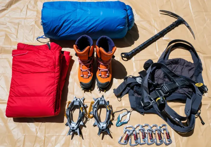 Essential Everest gear overview: Flat lay of 8000m boots, down suit, sleeping bag, ice axe, crampons, and harness.