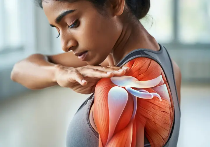 Athlete's shoulder in motion with anatomical overlays, depicting the science of how mobility fuels athletic feats in a mobility routine for athletes.