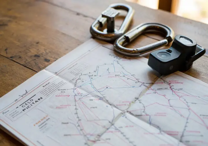 Freerider topo map on granite with historical and modern climbing gear, illustrating route characteristics and historical significance.