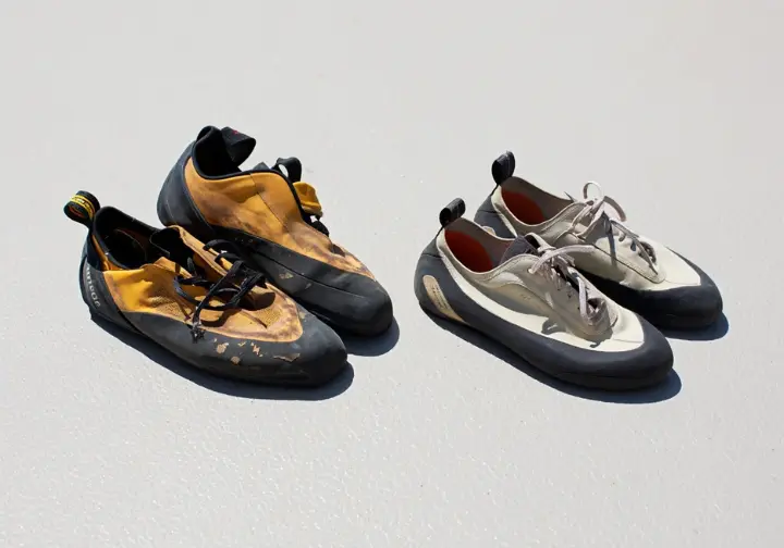 Why first shoes matter: Comparison showing worn-out rental climbing shoes versus new, properly fitted beginner shoes.