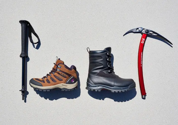 Why specialized gear matters: Comparison showing the difference between hiking boots/poles and mountaineering boots/ice axe.