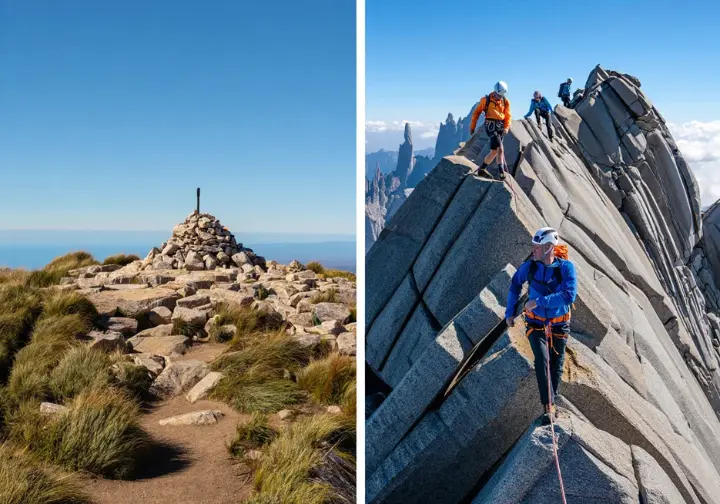 Bass vs Messner lists compared: Split image showing the easy summit of Mount Kosciuszko versus the technical rock climbing on Carstensz Pyramid.