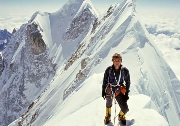 Pushing boundaries on Everest (1970s-1980s): Reinhold Messner depicted during a bold solo, oxygenless feat, expanding the list of climbers.