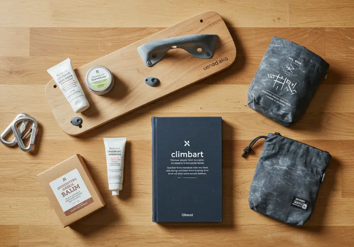 A flat lay of expert-vetted gift ideas for climbers, including a skin care kit, portable hangboard, and climbing book, representing gifts they'll actually use.