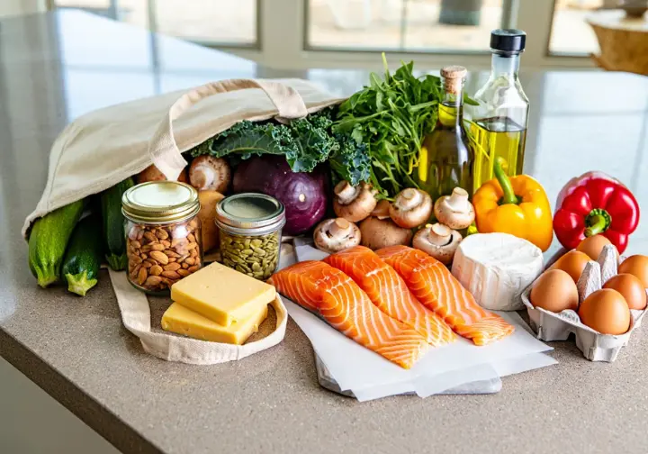 Foods to eat on HFLC diets: Grocery haul showcasing allowed items like fish, cheese, nuts, oils, eggs, and non-starchy vegetables.