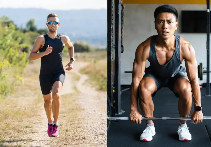 Keto performance impact examined: Split image comparing steady endurance running versus potentially limited strength/power lifting on keto.
