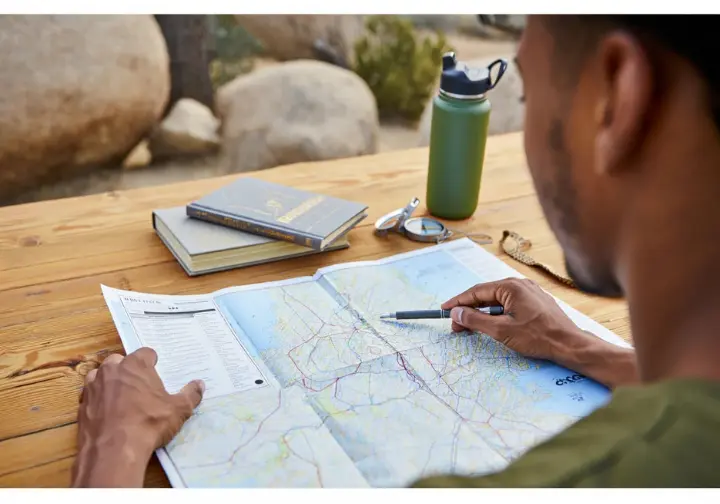 Person planning a joshua tree bouldering expedition with a map and guidebook, illustrating a practical guide.