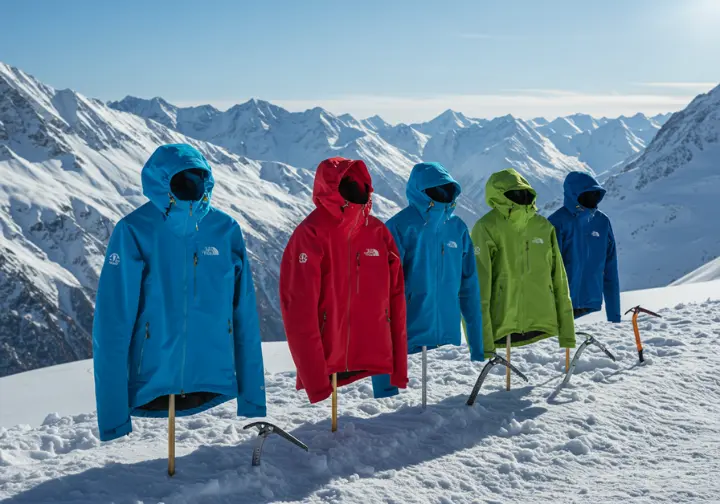 A selection of the top four ice climbing jackets for 2025, displayed on ice axes in the snow with a majestic mountain range in the background.