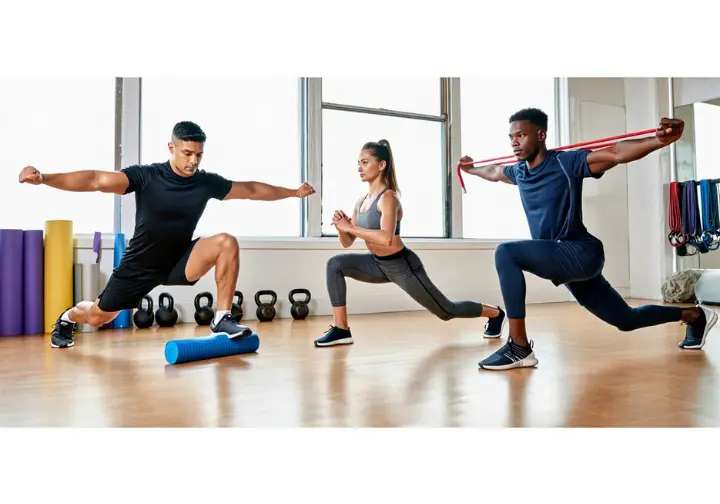 Diverse athletes performing specific drills, part of an athlete's mobility routine focusing on exercises.