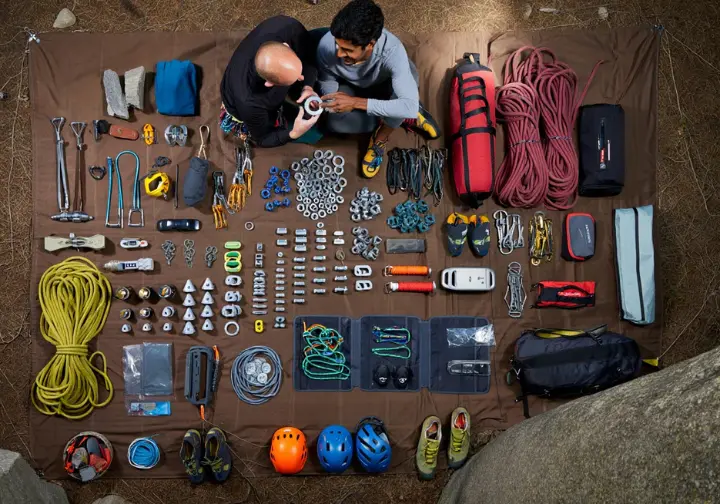 Meticulously organized Freerider climbing rack and big wall kit laid out, showcasing essential equipment for a free ascent.