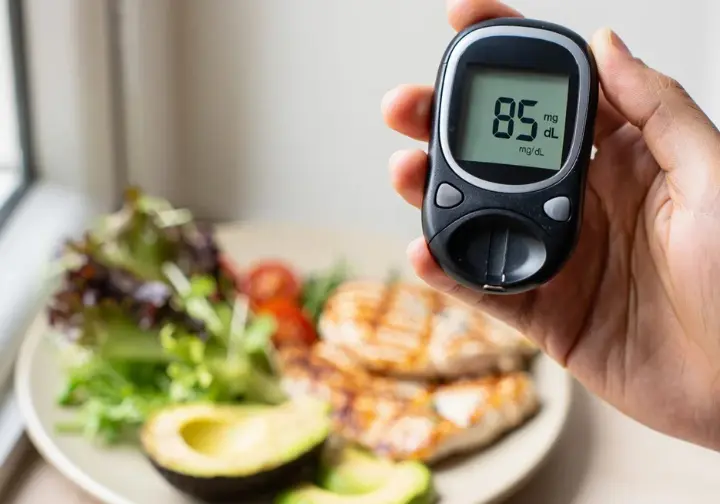 Potential health benefits of HFLC diets shown by a blood glucose meter displaying a healthy, stable reading next to a meal.