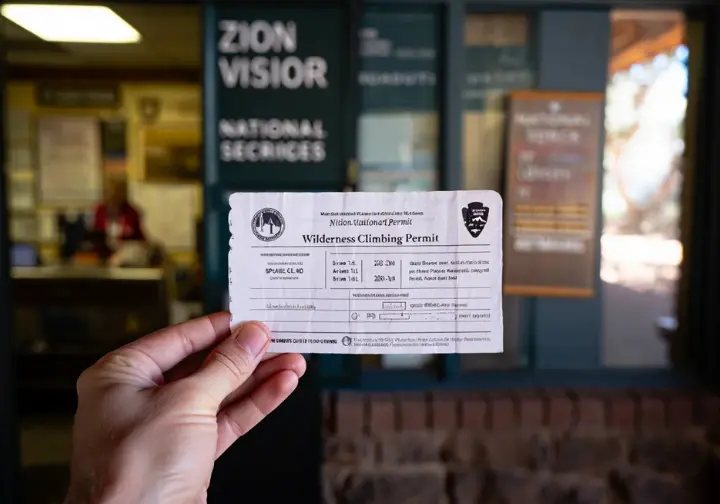Navigating Zion's red tape: climber's hand holding a National Park climbing permit, detailing regulations.