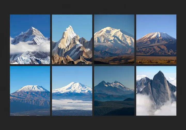 Profiling the eight peaks involved in the Bass and Messner Seven Summits lists, showcasing each mountain's unique landscape.