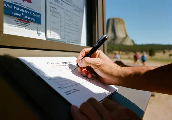 Rules of ascent for climbing Devils Tower, Wyoming: hand filling out NPS registration, detailing regulations, permits, and June closure.