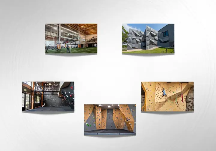 Spotlight on leading rock climbing wall manufacturers: a display of company logos and examples of their distinctive wall designs.
