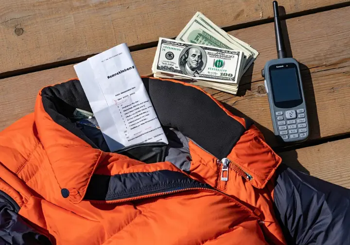 Unveiling hidden Everest costs: Display of insurance policy, cash for tips, down suit, and satellite phone.
