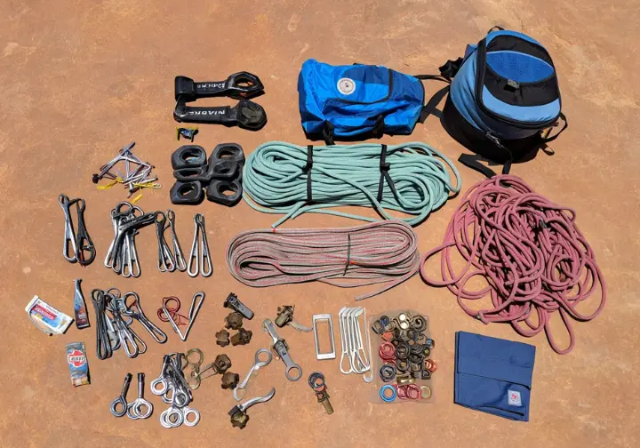 Gearing up for Zion's big walls: essential rock climbing equipment, including trad gear and haul bag, for the National Park.