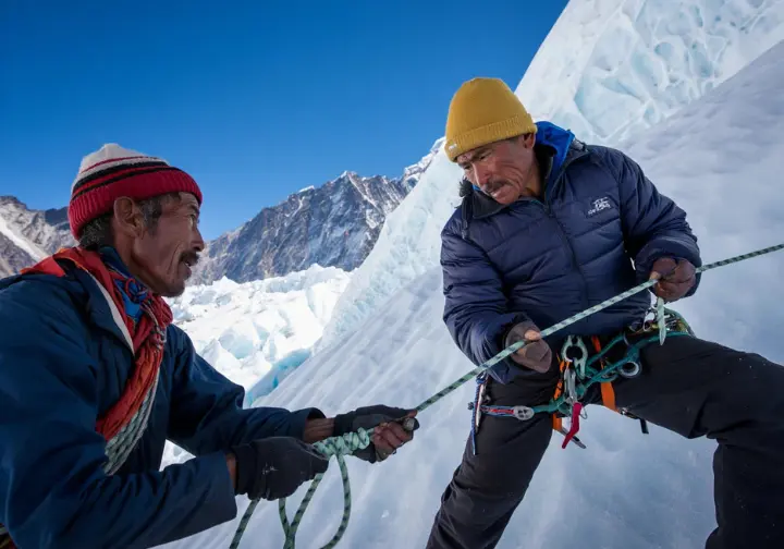 The indispensable Sherpas on Everest: two Sherpa climbers skillfully fixing ropes, more than just guides on the list of people who climbed.