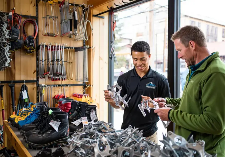 Services and support near Ouray Ice Park: Interior of a local gear shop offering ice climbing equipment rentals.