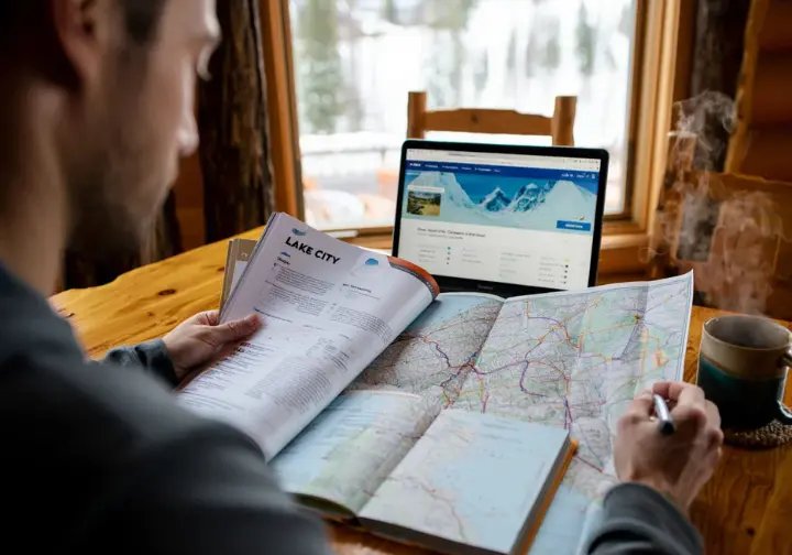 Planning a Lake City ice climbing adventure: person with map, guidebook, and laptop in a cozy winter setting.