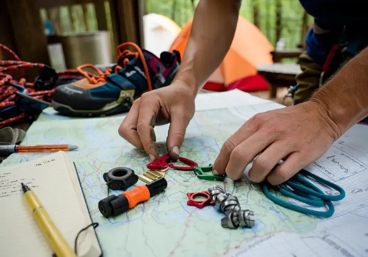 Planning a New River Gorge rock climbing adventure: gear laid out on a map with a guidebook.