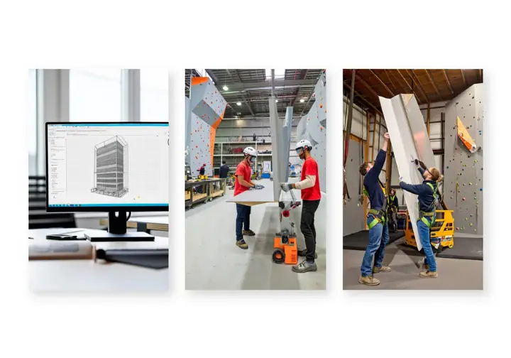 The rock climbing wall manufacturing process: from 3D design and factory assembly to on-site installation by manufacturers.