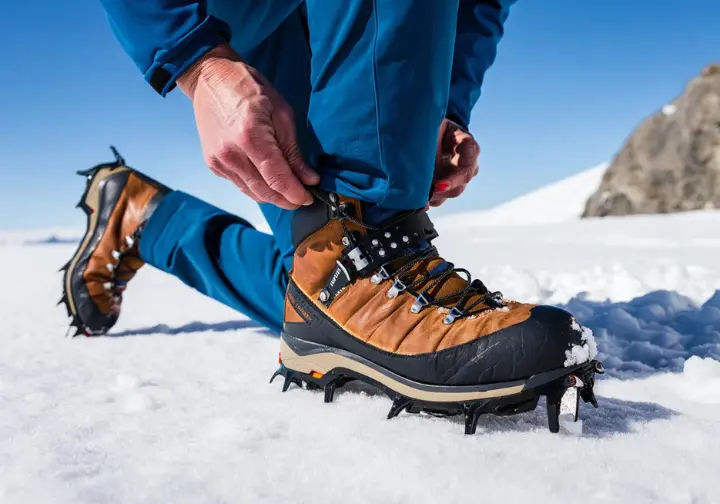 Avoiding common gear mistakes: Incorrect attempt to attach technical crampons to incompatible hiking boots.