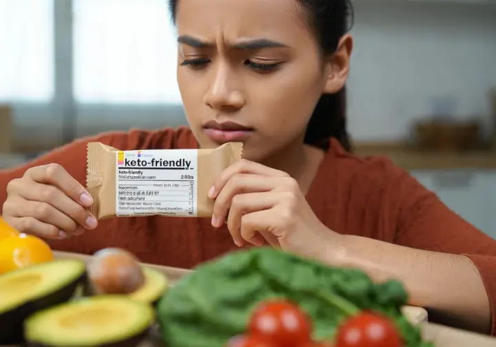 Avoiding common keto pitfalls: Person carefully reading nutrition label on a packaged keto snack to check ingredients