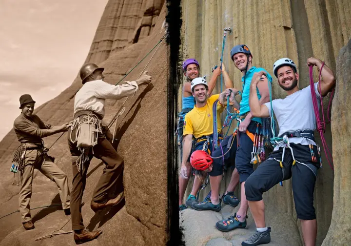 Echoes on the columns: a rich climbing history at Devils Tower, Wyoming, showing a blend of historical and modern climbers.