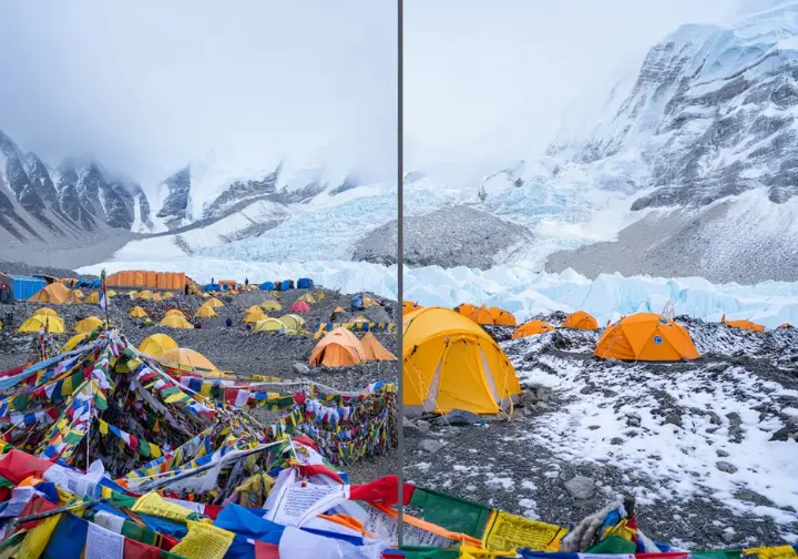 Comparison of Everest Base Camp in spring (crowded) and autumn (quieter), showing key planning factors influenced by season for the best time to climb.