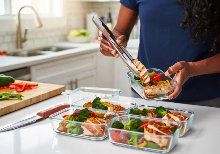 Making the HFLC diet work: Person engaging in practical meal prepping with containers of grilled chicken and vegetables.