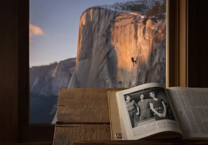 Composite image showing a historical climbing artifact in the foreground with El Capitan and the Freerider route in the background, symbolizing its historical and cultural impact.