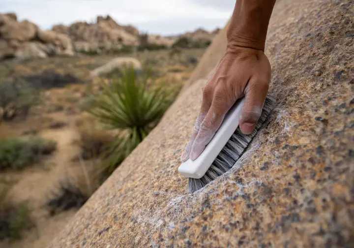 Climber's hand brushing chalk off a boulder to protect Joshua Tree's unique desert ecosystem, as part of a joshua tree bouldering guide on Leave No Trace.
