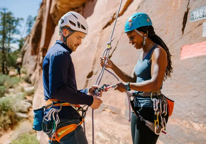 Safety first in Zion: climbers performing a partner check before starting a rock climb in the National Park, managing risks.